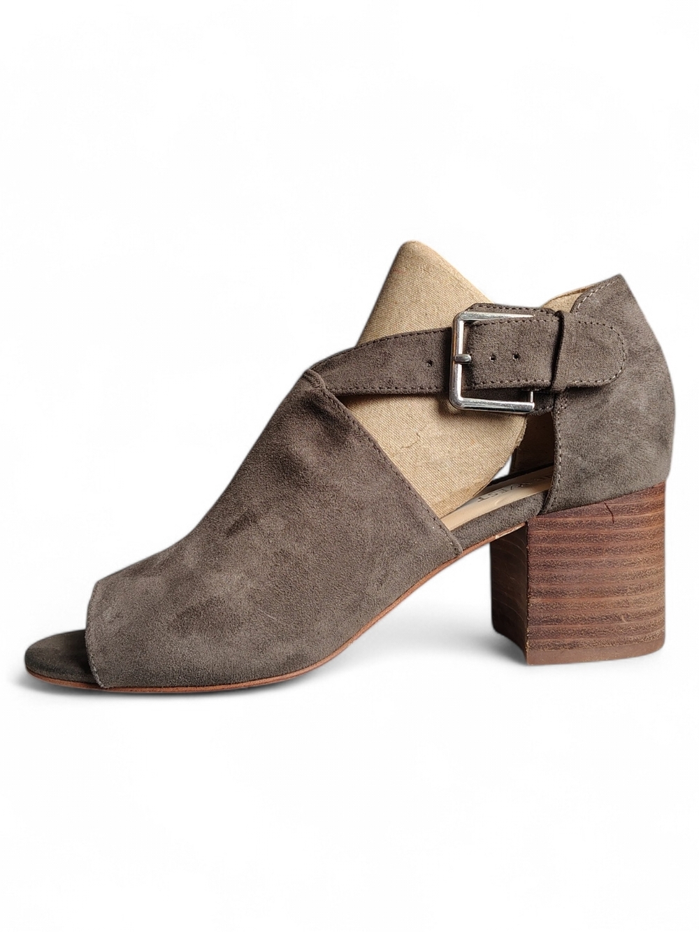 Nine West Women's Groovy Go Cut Out Block Heel Suede Taupe Sandals Size 8.5